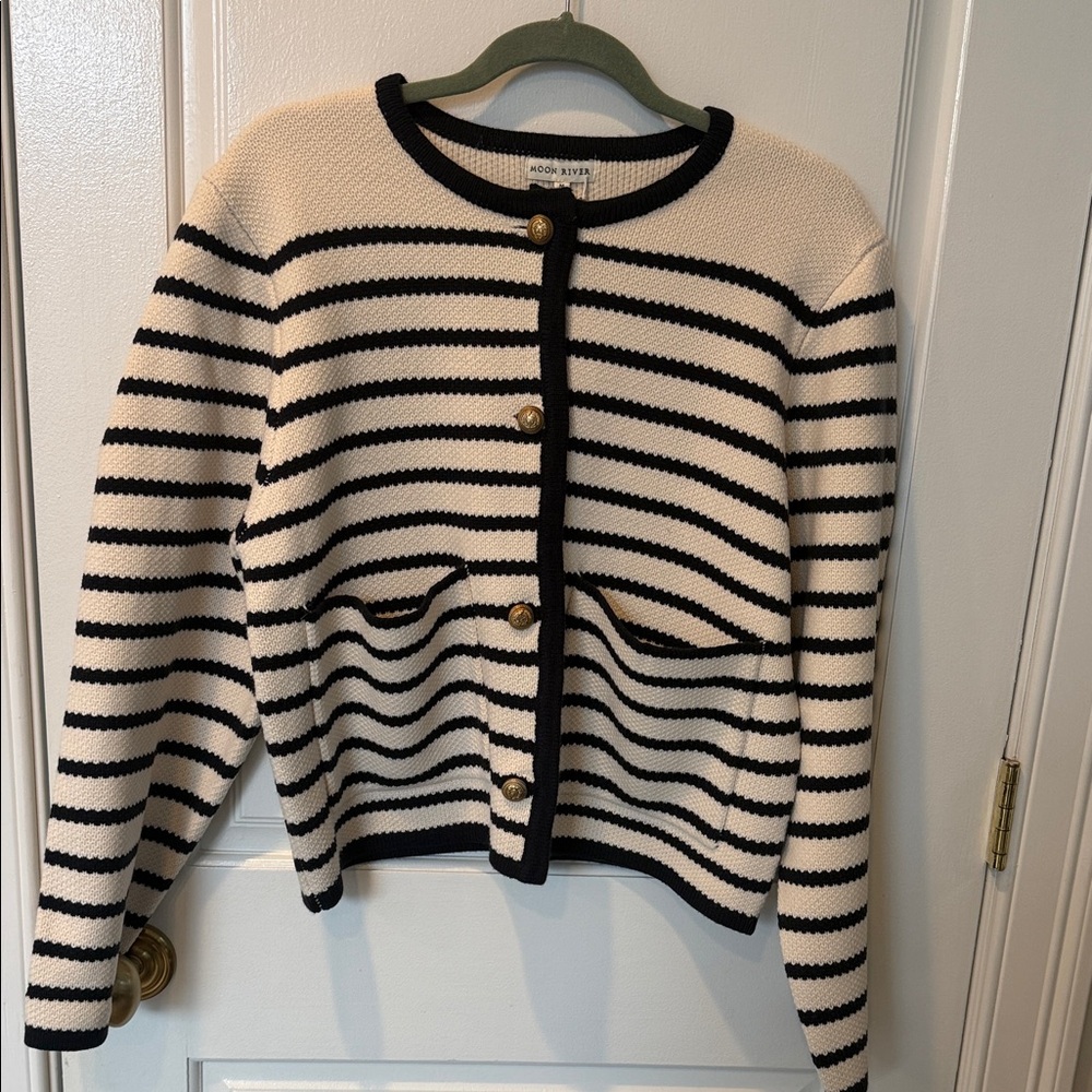 Moon River Navy and Cream Striped Cardigan